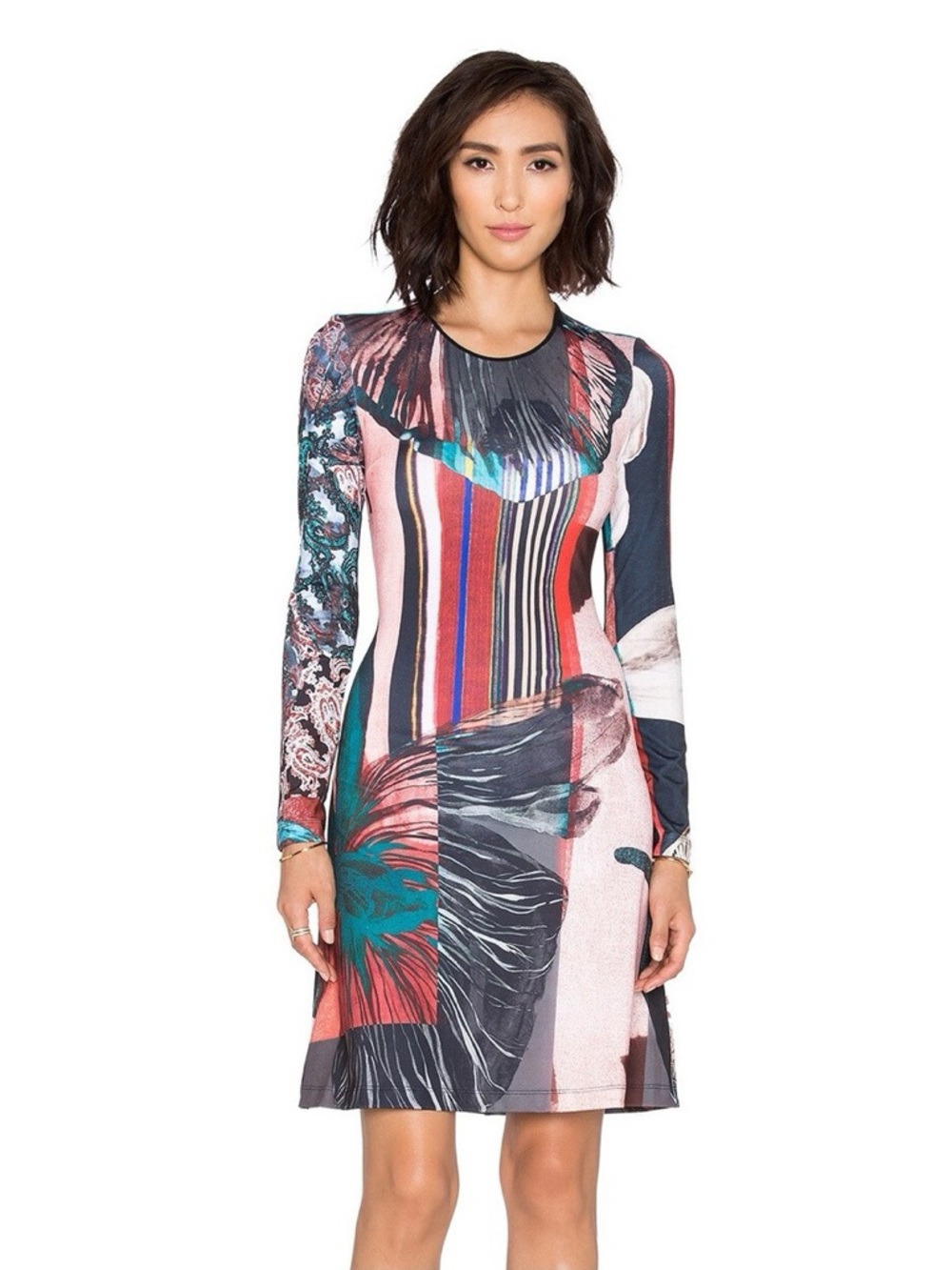 Clover Canyon Colorful Autumn Stripe Mixed Pattern Long Sleeve Shift Dress Sz L